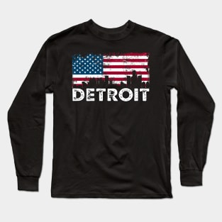 Detroit With American Flag Long Sleeve T-Shirt